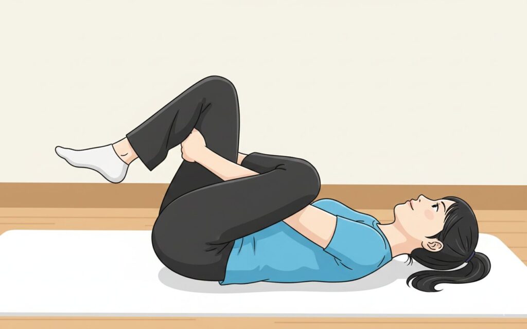 仰向けで股関節とお尻を伸ばす4の字ストレッチのやり方。梨状筋のストレッチングで腰痛予防にも有効なポーズ。