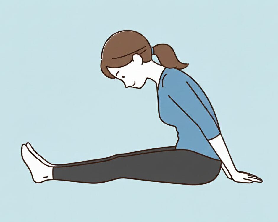 悪い長座姿勢のイラスト。ハムストリングスの硬さにより骨盤が後傾し、背中が丸まっている状態の猫背の解説図。