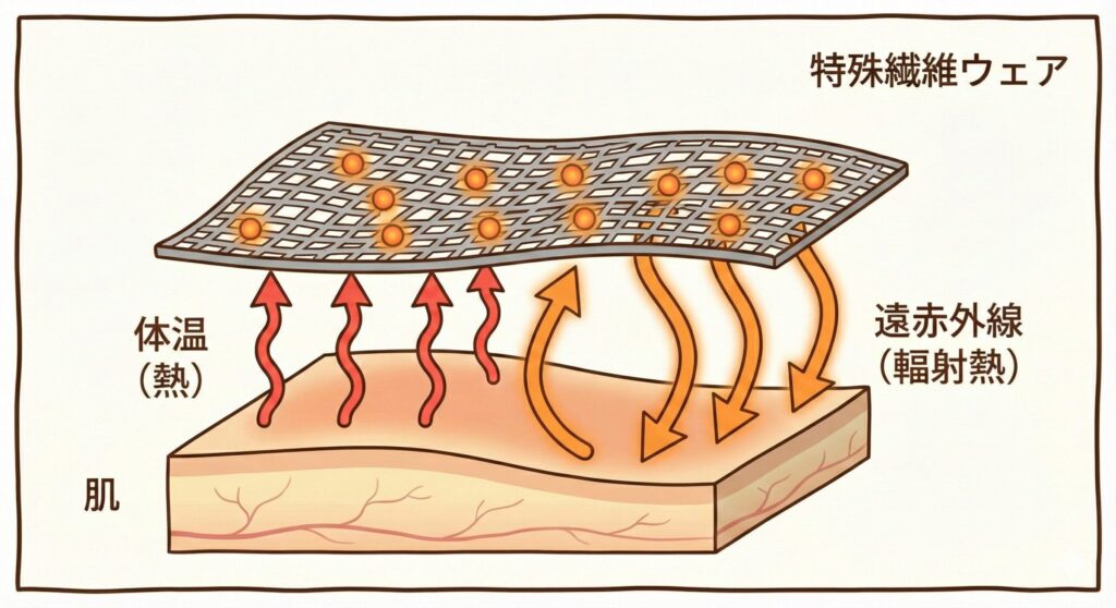 BAKUNEの特殊繊維「SELFLAME®」のメカニズム図解：体温を遠赤外線に変換し体を温める仕組み
