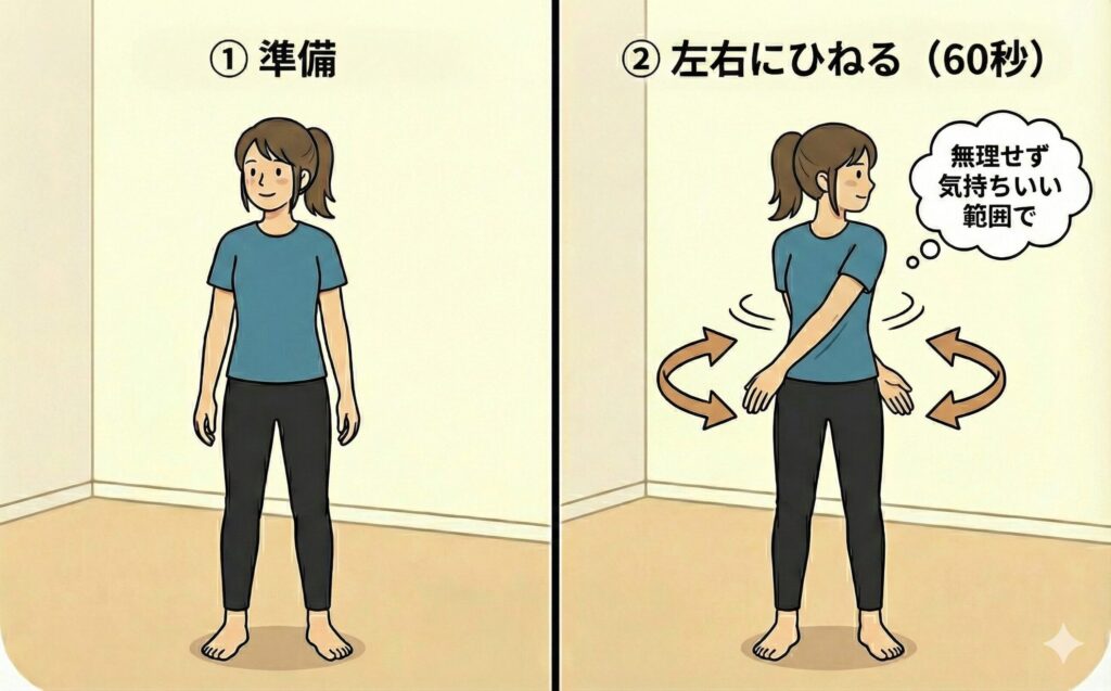 腰を左右にひねって筋肉をほぐすストレッチをする女性の画像