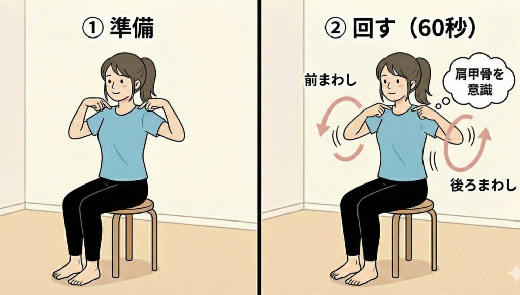 椅子に座って肩回しストレッチをする女性の画像
