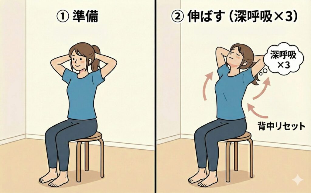 椅子に座ってスキマ時間背中ストレッチをする女性の画像