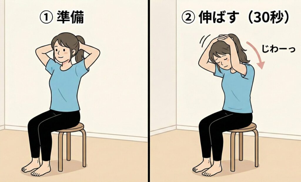 首の後ろを伸ばすストレッチをしている女性の画像