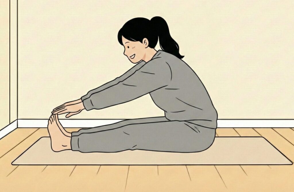 BAKUNEのスウェットを着用しながら長座前屈のストレッチを行う女性の画像。