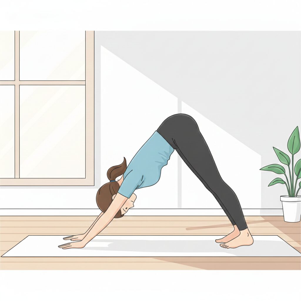 ダウンドッグ（下向きの犬のポーズ）の正しいやり方イラスト。背筋を伸ばし全身の血行促進とストレッチに効果的なヨガの基本ポーズ。