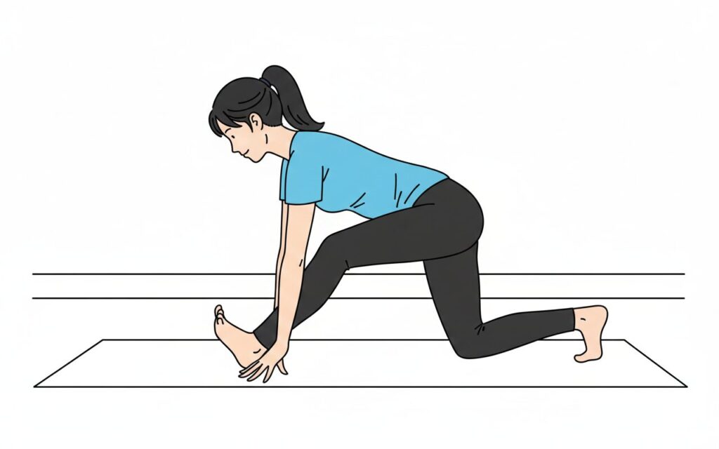 ハーフスプリットのポーズ。ハムストリングスとふくらはぎの柔軟性を高めるストレッチ方法。