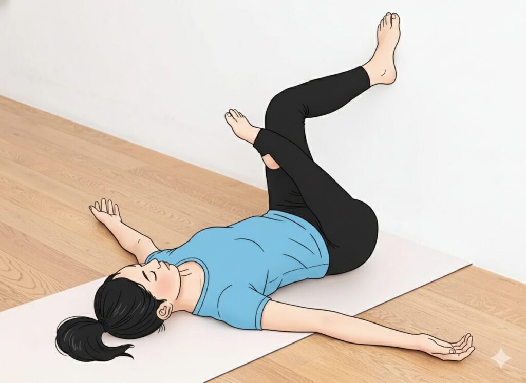 壁に脚を乗せて行う四の字ストレッチのやり方。股関節やお尻（梨状筋）を安全にストレッチできる初心者向けのポーズ。