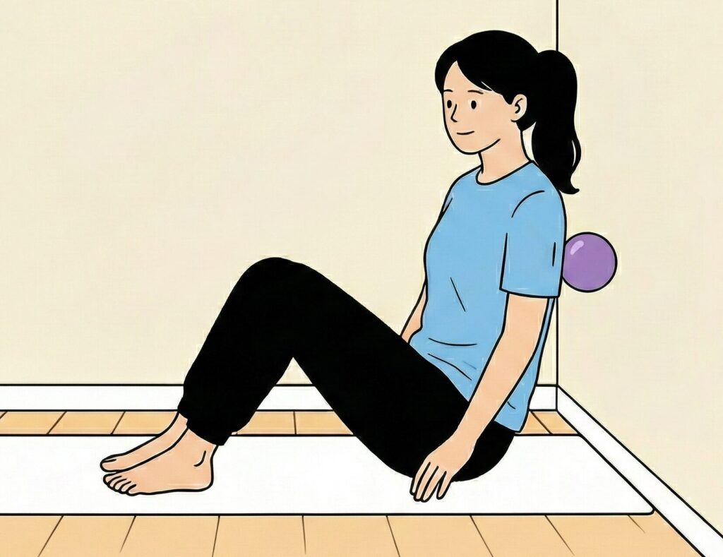 座っている女性が背中と壁の間にマッサージボールを挟み、背中の筋肉をほぐしている画像。