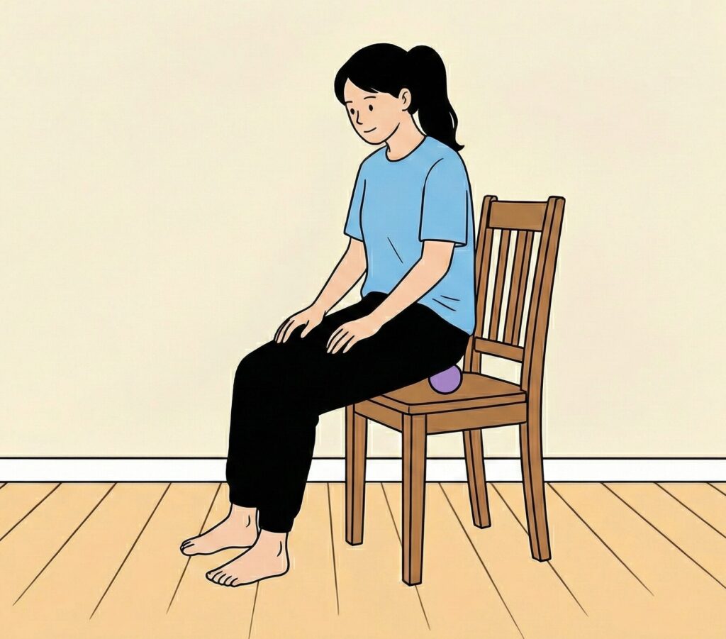 椅子に座りながらマッサージボールでお尻の梨状筋をほぐしている画像