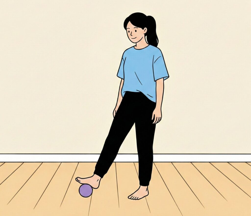 立っている女性がマッサージボールを足で踏み転がし、足裏の筋肉をほぐしている画像。