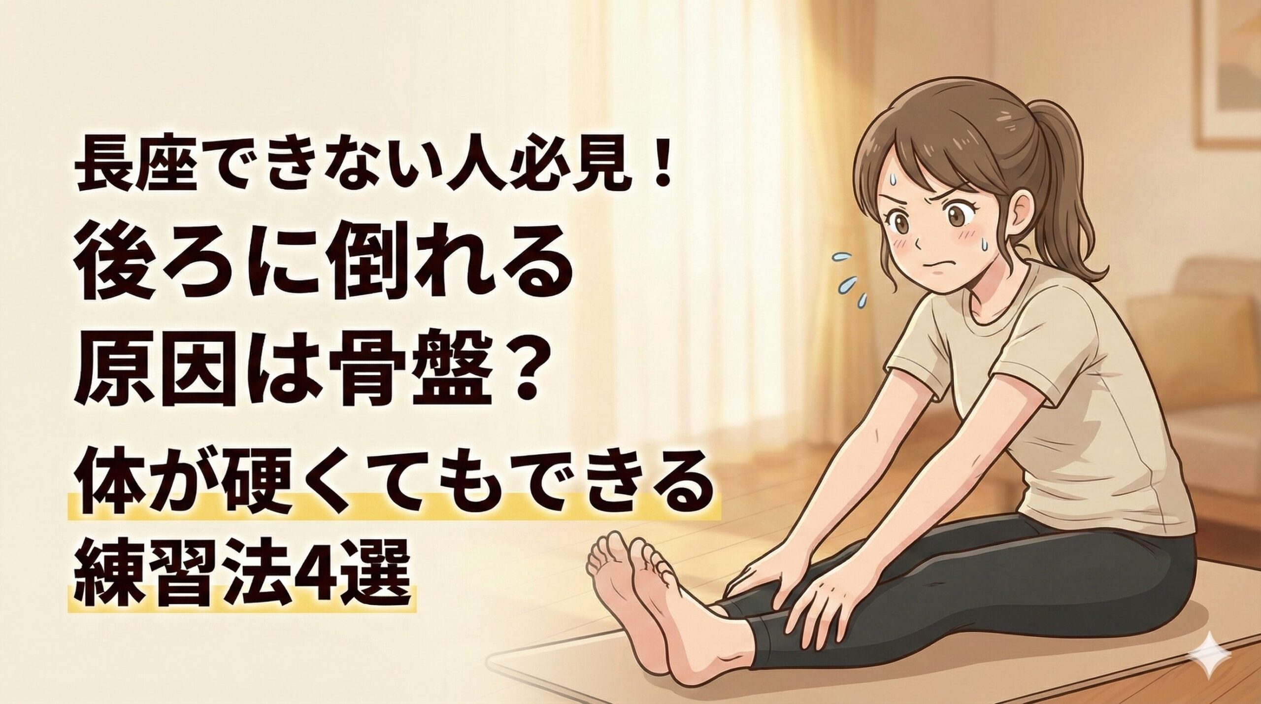 長座前屈ができずに後ろに倒れそうになり、困った顔で汗をかいている女性のイラスト。「長座できない人必見！後ろに倒れる原因は骨盤？体が硬くてもできる練習法4選」というブログ記事のタイトル文字が大きく配置されているアイキャッチ画像。