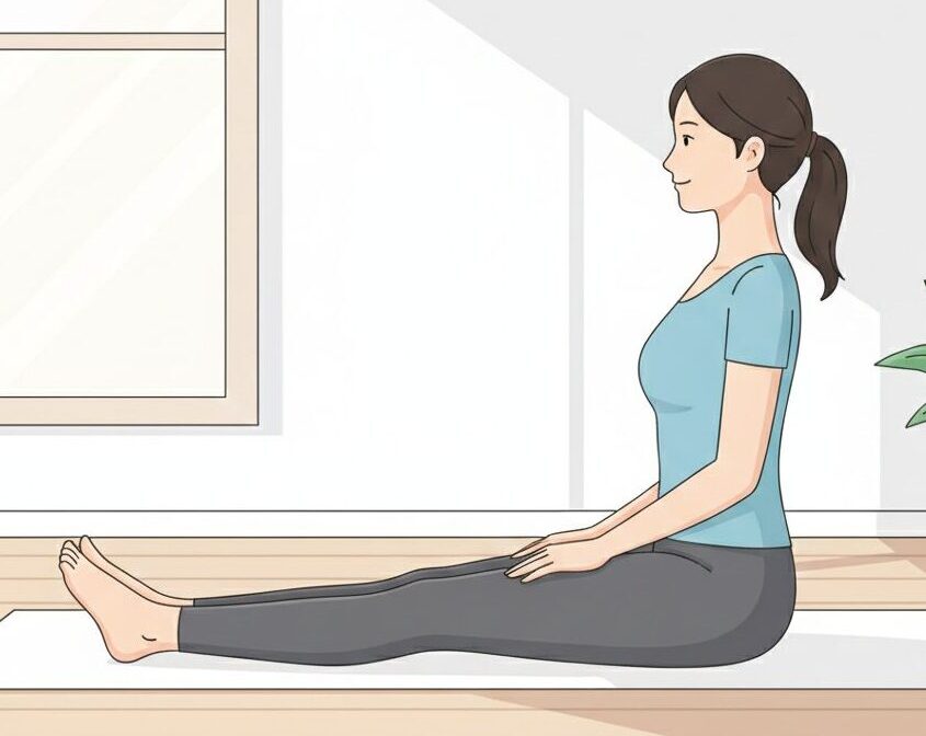 正しい長座姿勢のイラスト。骨盤が垂直に立ち、背筋がまっすぐ伸びている状態の理想的な座り方の解説図。