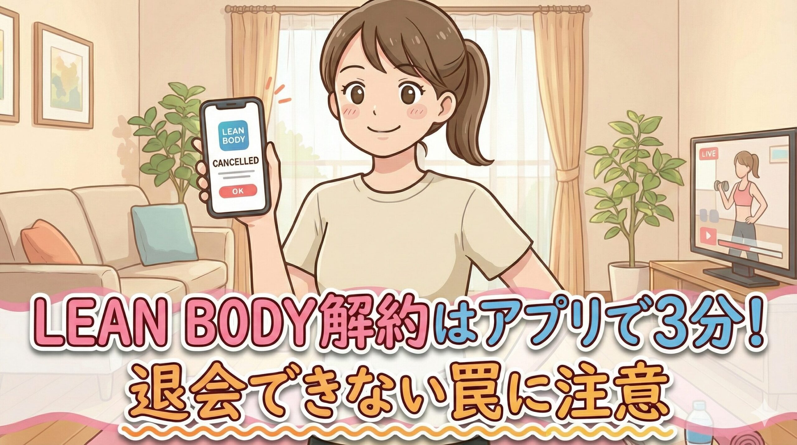 LEAN BODY解約はアプリで3分！退会できない罠に注意（リビングでスマホを持つ女性のイラスト）