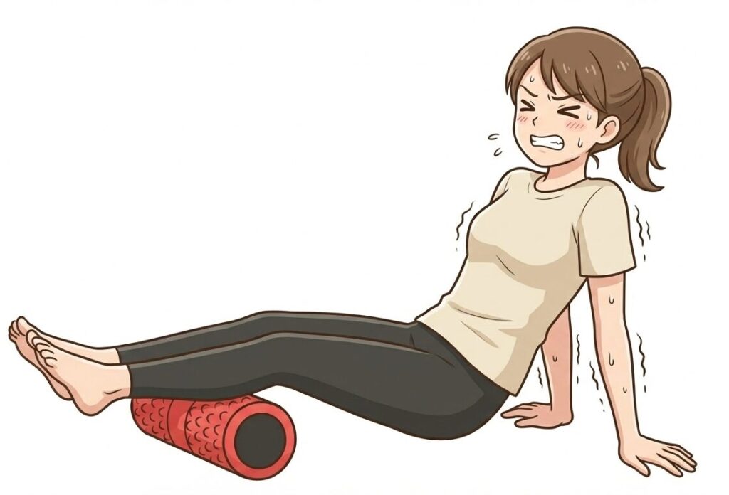 赤いフォームローラーでふくらはぎをほぐそうとして、腕で体を支えるのが辛くてプルプル震えている女性のイラスト