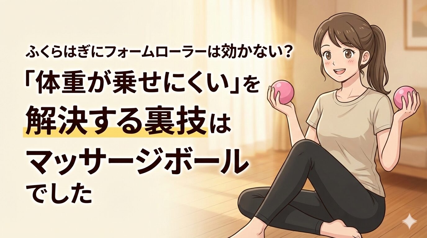 ふくらはぎにフォームローラーは効かない？「体重が乗せにくい」を解決する裏技はマッサージボールでした。ボールを持って微笑む女性のイラスト