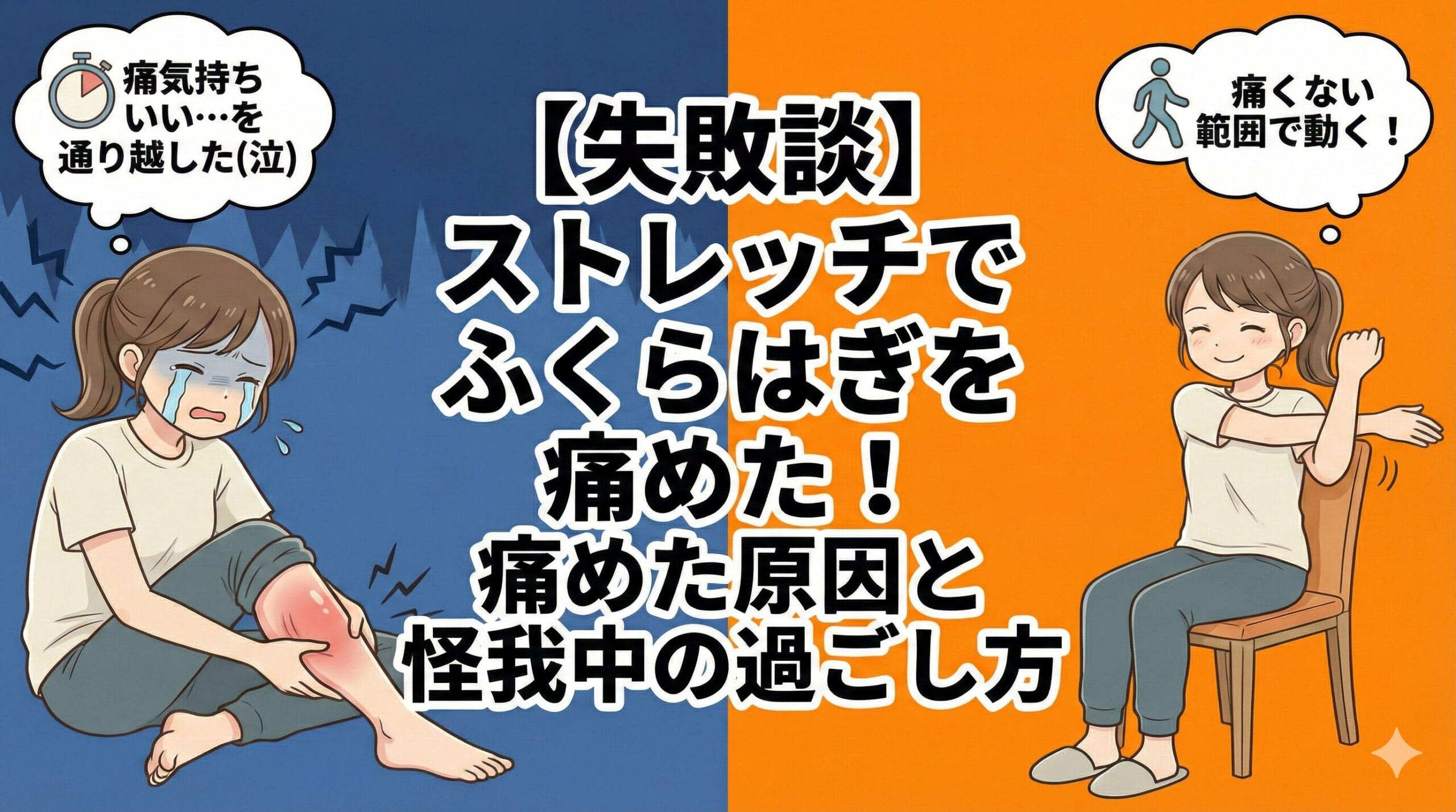 ブログ記事「【失敗談】ストレッチでふくらはぎを痛めた！痛めた原因と怪我中の過ごし方」のアイキャッチ画像。左側には、無理なストレッチでふくらはぎを痛め、泣きながら「痛気気持ちいい…を通り越した(泣)」と後悔している女性のイラスト。右側には、対策として「痛くない範囲で動く！」と、椅子に座って無理なく上半身のストレッチをしている笑顔の女性のイラストが描かれている。失敗と対策を対比させたデザイン。