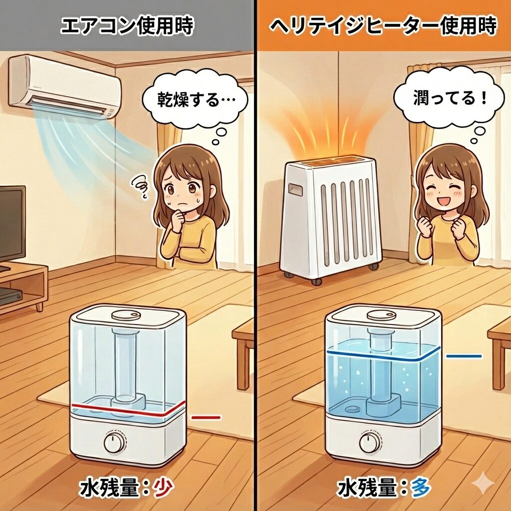 エアコンとヘリテイジヒーター使用時の乾燥と加湿器の水残量を比較したイラスト。エアコンは乾燥して水が少ないが、ヘリテイジヒーターは潤って水が多い様子。