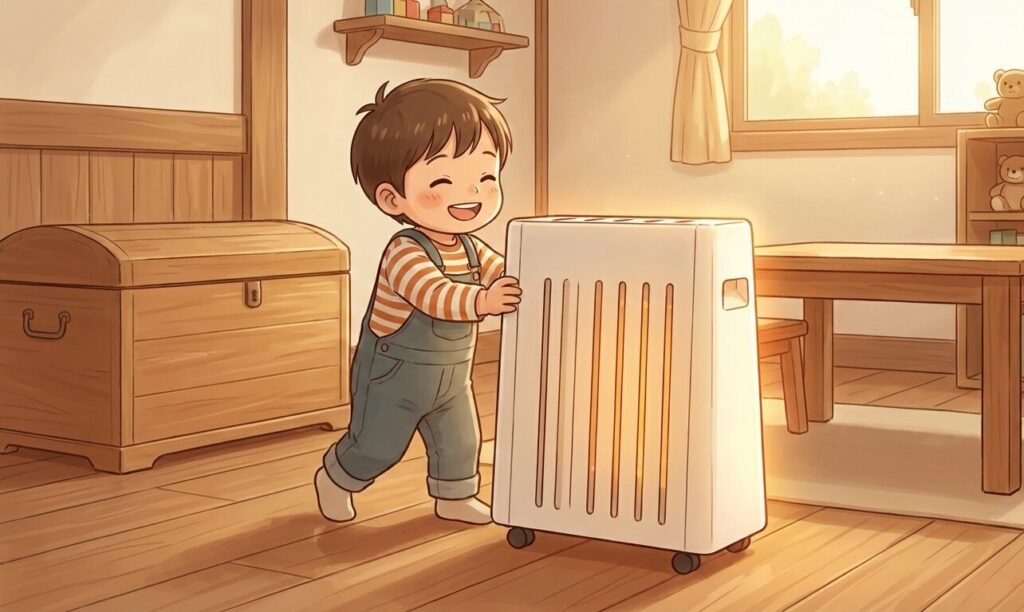 キャスター付きで移動が楽なヘリテイジヒーターを笑顔で運ぶ2歳の子供のイラスト