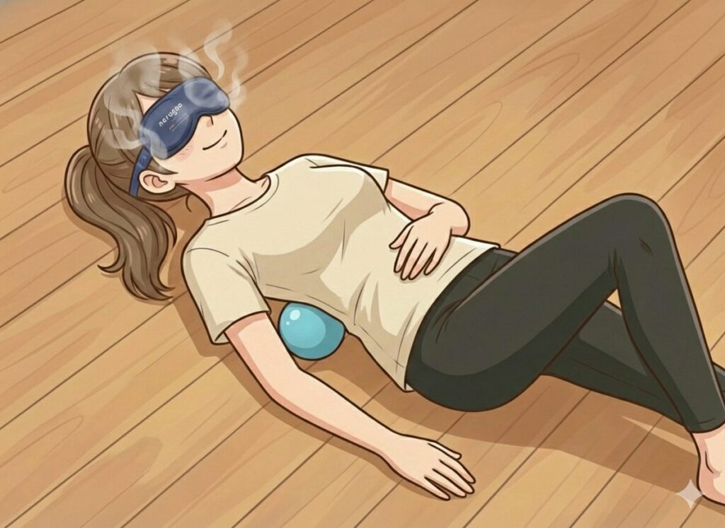 充電式ホットアイマスク「nerugoo」を着用して床に仰向けになり、背中の下に水色のマッサージボールを入れて体をほぐしている女性のイラスト