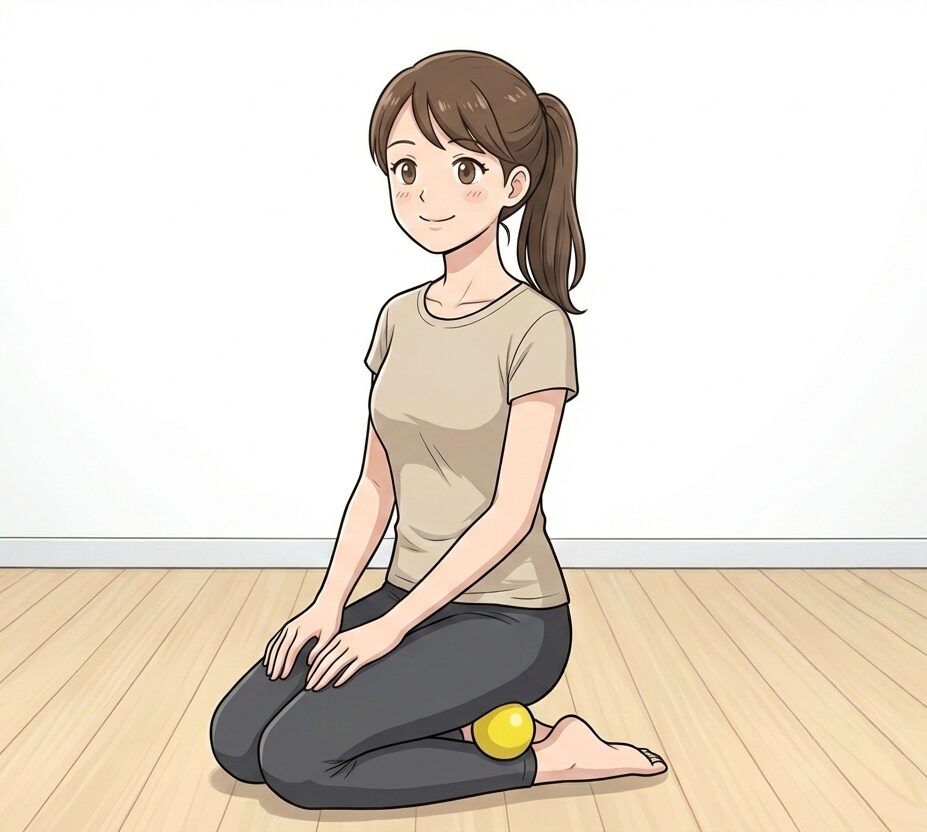 正座の姿勢でふくらはぎと太ももの間にマッサージボールを挟み、筋膜リリースをしている女性のイラスト