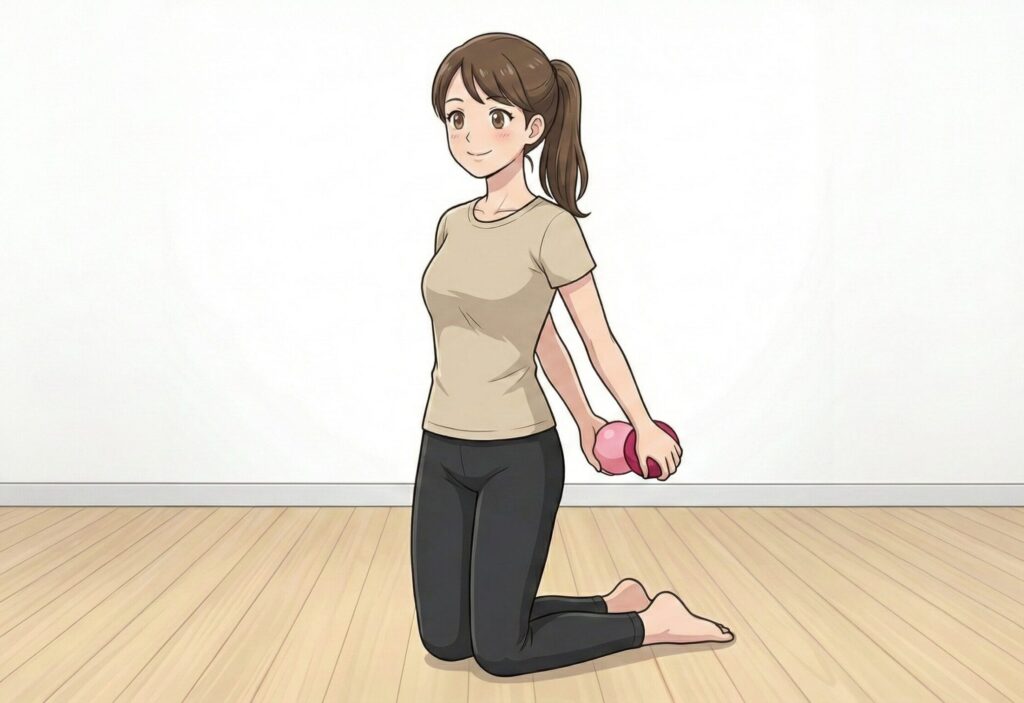 マッサージボールを膝裏に挟んでふくらはぎをほぐす準備のイラスト