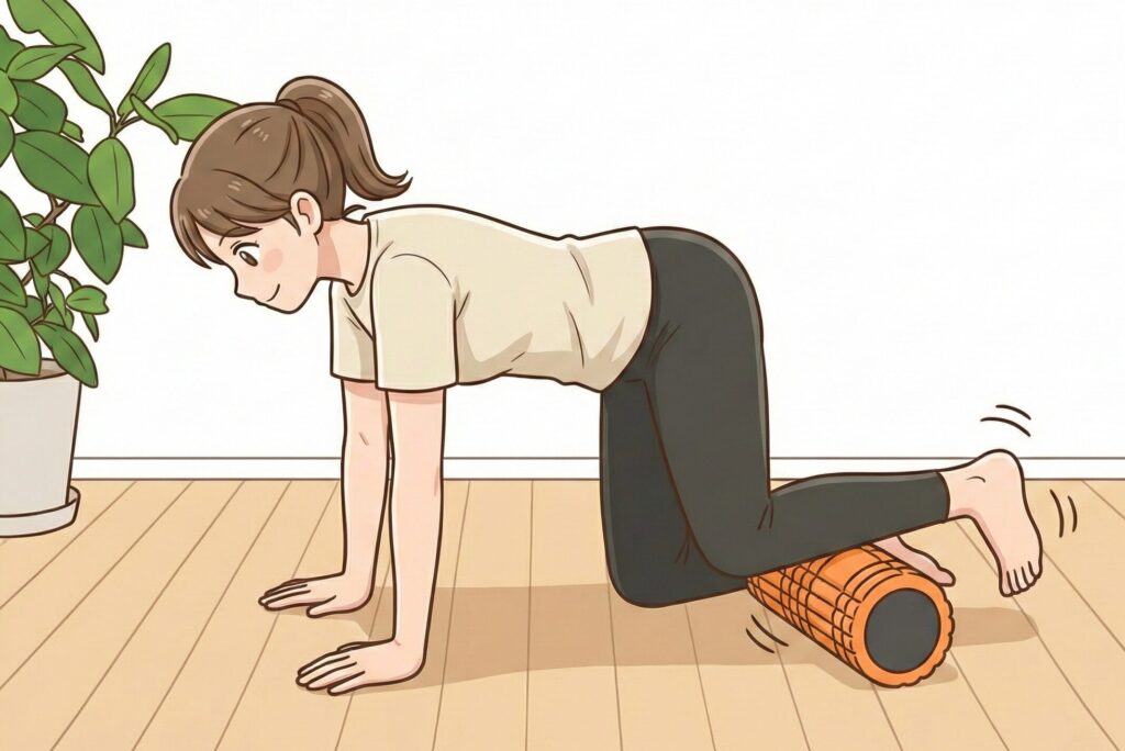 フォームローラーで前脛（前脛骨筋）の筋膜リリースをしている女性のイラスト