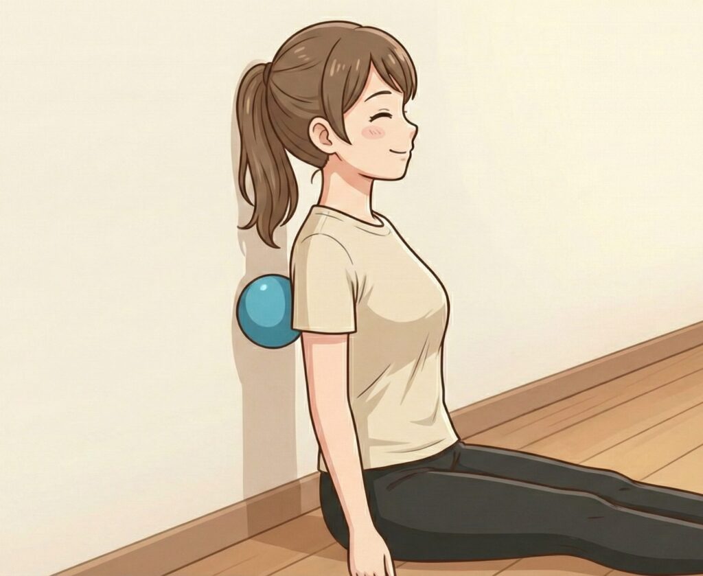 床に座り、壁と背中の間に水色のマッサージボールを挟んで筋膜リリースをしている女性の横向きイラスト