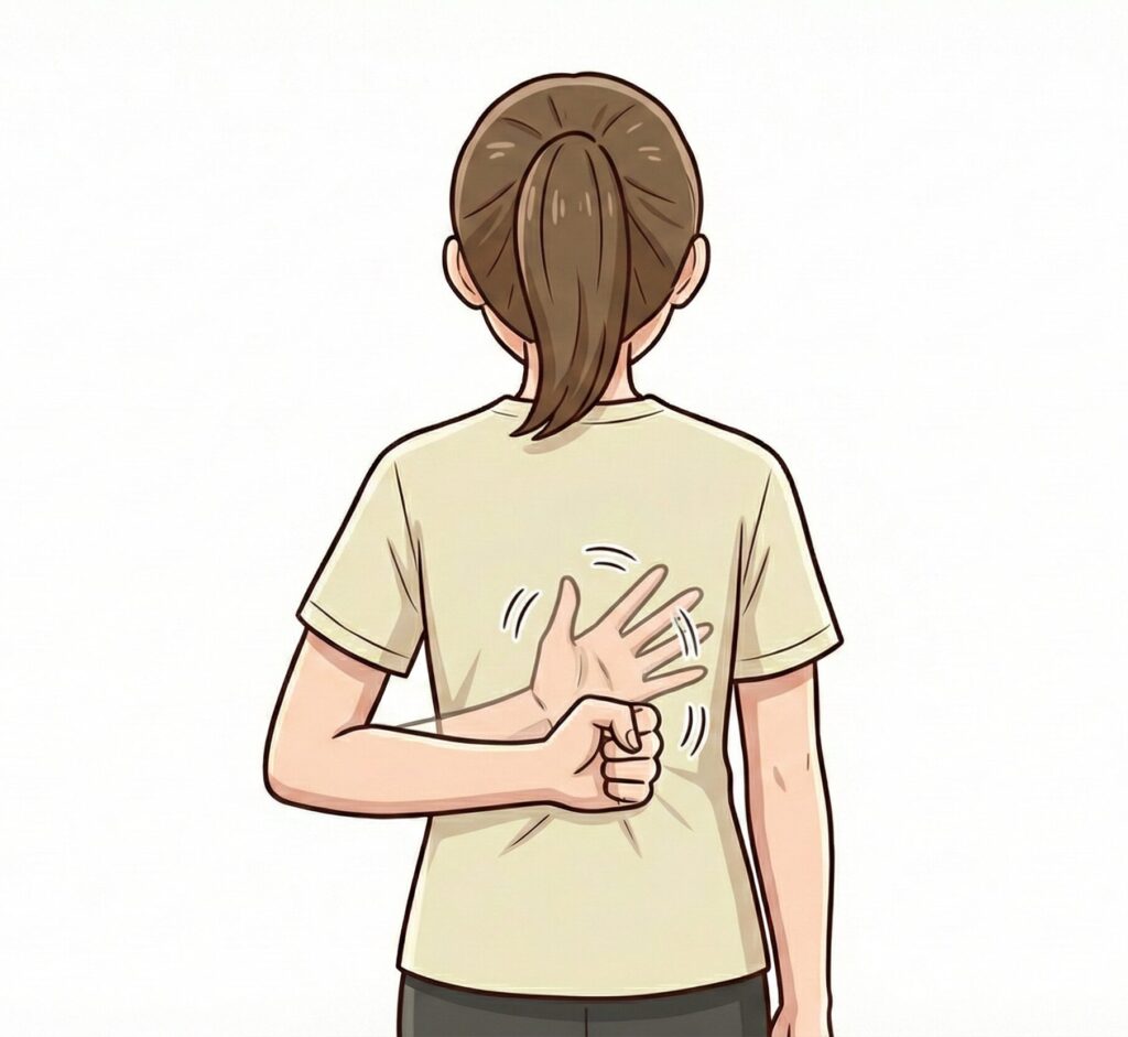 背中で手を「グー」「パー」と繰り返し動かし、肩甲骨周りや腕の筋肉をストレッチしている女性のイラスト。