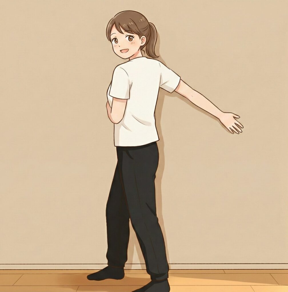 腕を斜め下（低い位置）にして壁につけ、鎖骨まわり（大胸筋上部）を伸ばすストレッチをしている女性のイラスト。