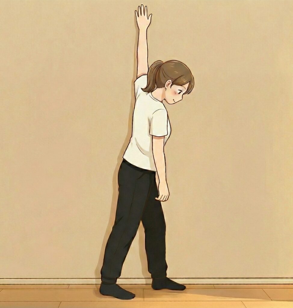 腕を上（高い位置）にして壁につけ、胸の下側（大胸筋下部）を伸ばすストレッチをしている女性のイラスト。
