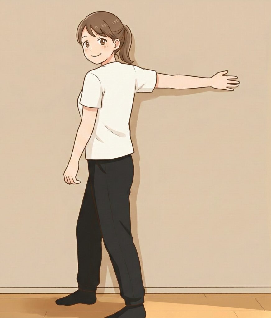 腕を真横（肩の高さ）にして壁につけ、胸の中央（大胸筋中部）を伸ばすストレッチをしている女性のイラスト。