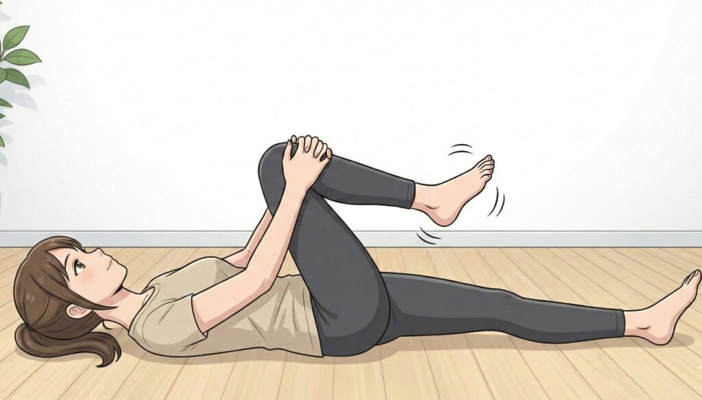 仰向けで片膝を胸に抱え、足首を曲げ伸ばしして可動域を広げるストレッチのイラスト