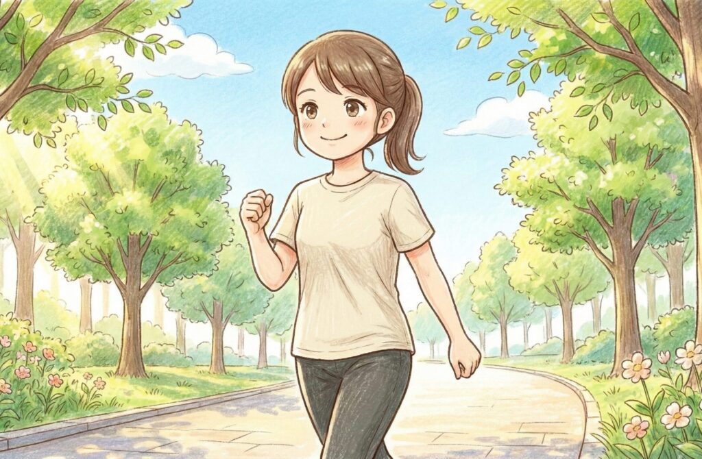 心地よい表情で屋外ウォーキングする女性のイラスト