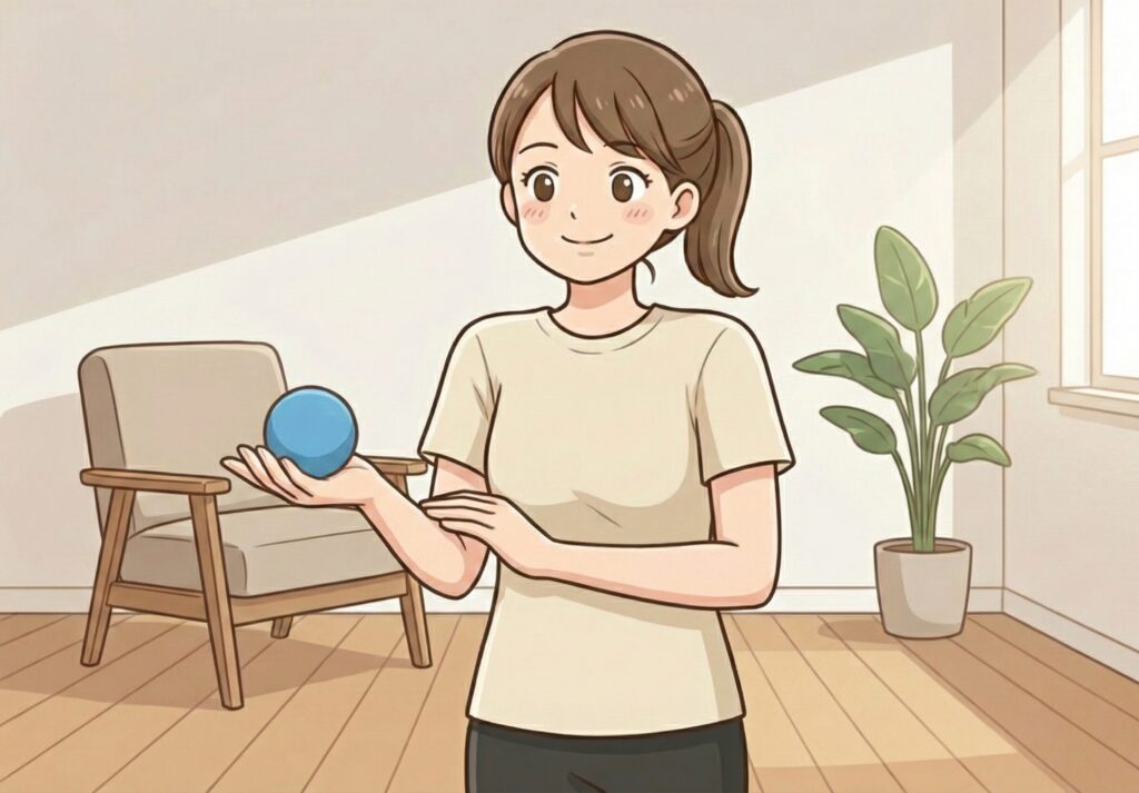 明るい部屋で青いマッサージボールを手に乗せて微笑む女性のイラスト