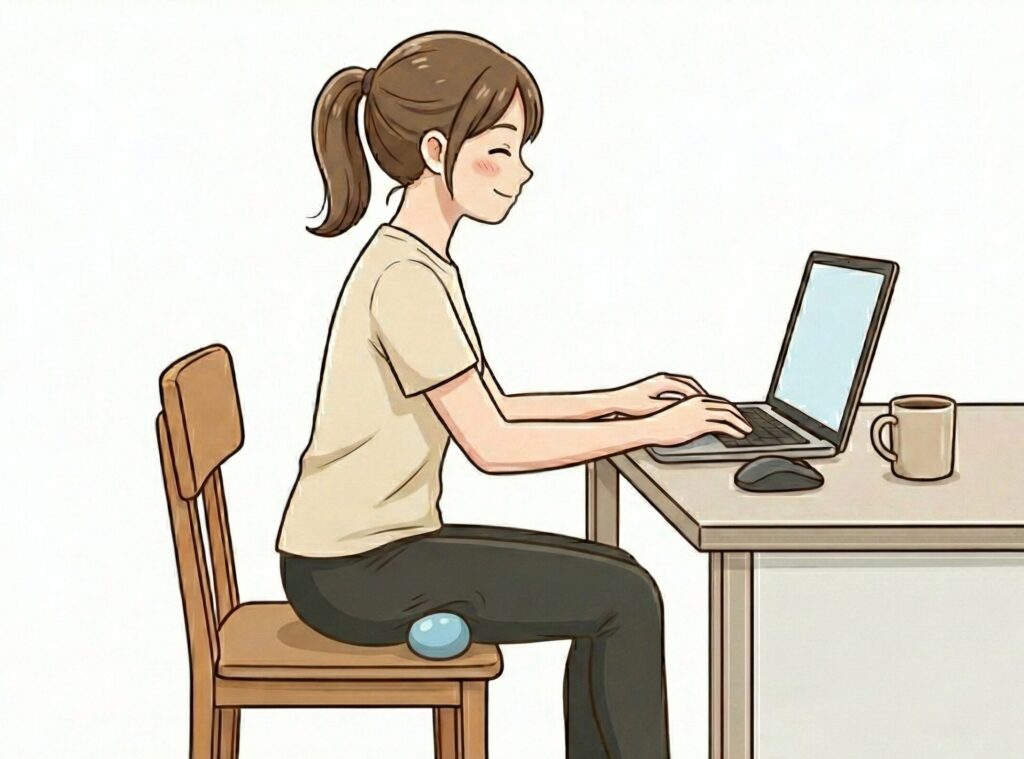 デスクワーク中に椅子と太ももの裏で水色のマッサージボールを挟み、心地よい表情で「ながらストレッチ」をしている女性のイラスト