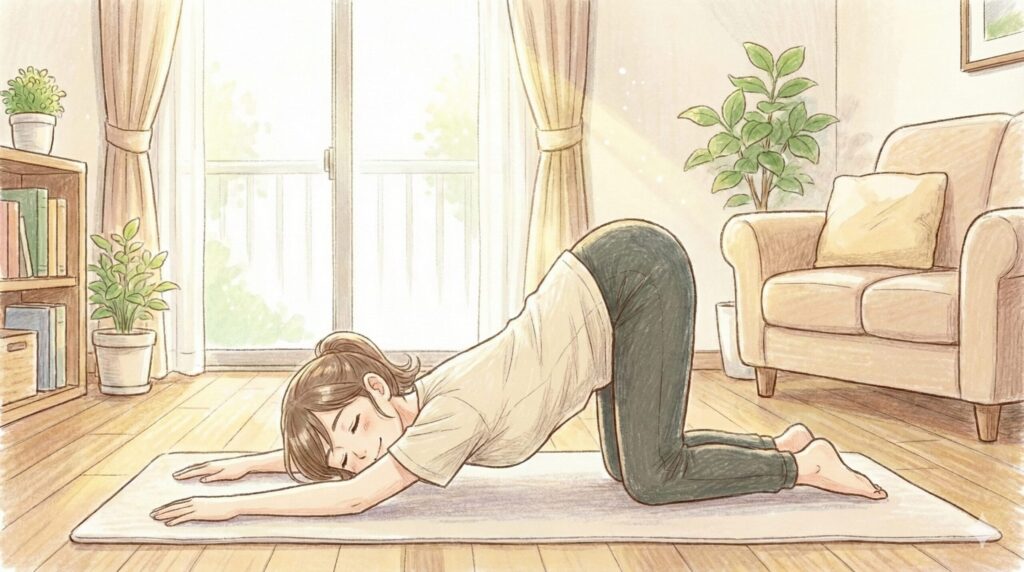 初心者向けの背中のストレッチである猫の伸びのポーズをする女性のイラスト