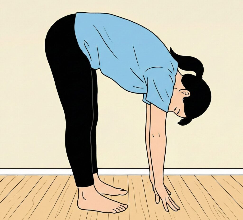 青いTシャツと黒いパンツを着た女性が、立った状態で上半身を深く前に曲げ、指先が床に触れる立位体前屈のストレッチをしているイラスト