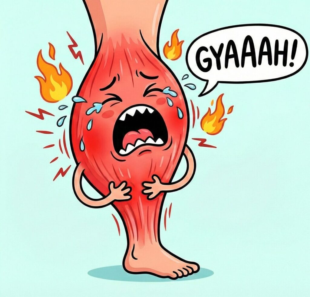 筋肉を傷めて、擬人化された筋肉が悲鳴をあげているイラスト