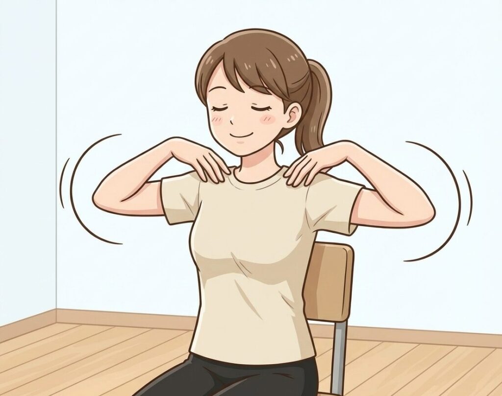 両手を肩に添え、肘で円を描くように大きく肩を回すストレッチをしている女性のイラスト。心地よさそうに目を閉じている。