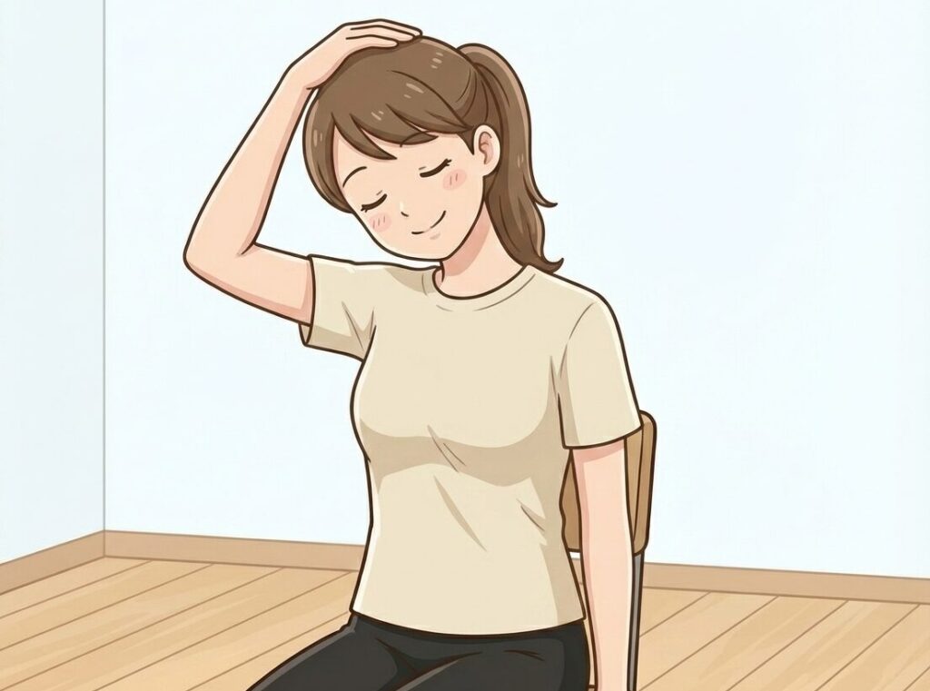 頭を斜め前に倒し、片手で頭の後ろを軽く押さえて首の付け根（肩甲挙筋）を伸ばしているイラスト