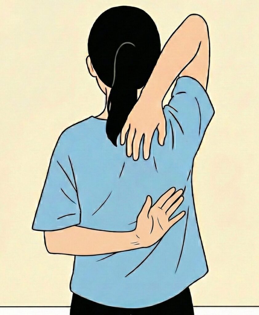 青いTシャツを着た女性が背後から描かれており、背中で左右の手を上下から近づける肩甲骨のストレッチを行っている様子。体が硬く握手することはできていない。