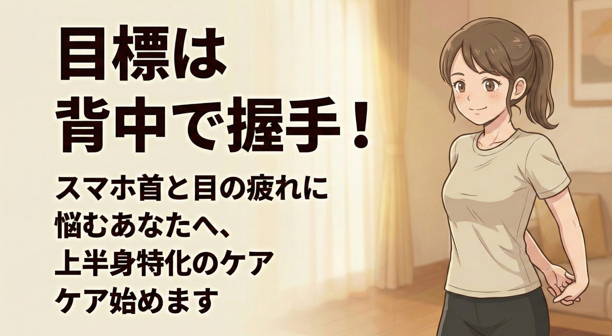 ブログ記事のアイキャッチ画像。左側に大きな文字で「目標は背中で握手！」、その下に「スマホ首と目の疲れに悩むあなたへ、上半身特化のケア ケア始めます」というテキストが配置されている。右側には、明るいリビングでリラックスした笑顔を浮かべ、背中側で手を組むポーズをしている女性のイラストが描かれている。