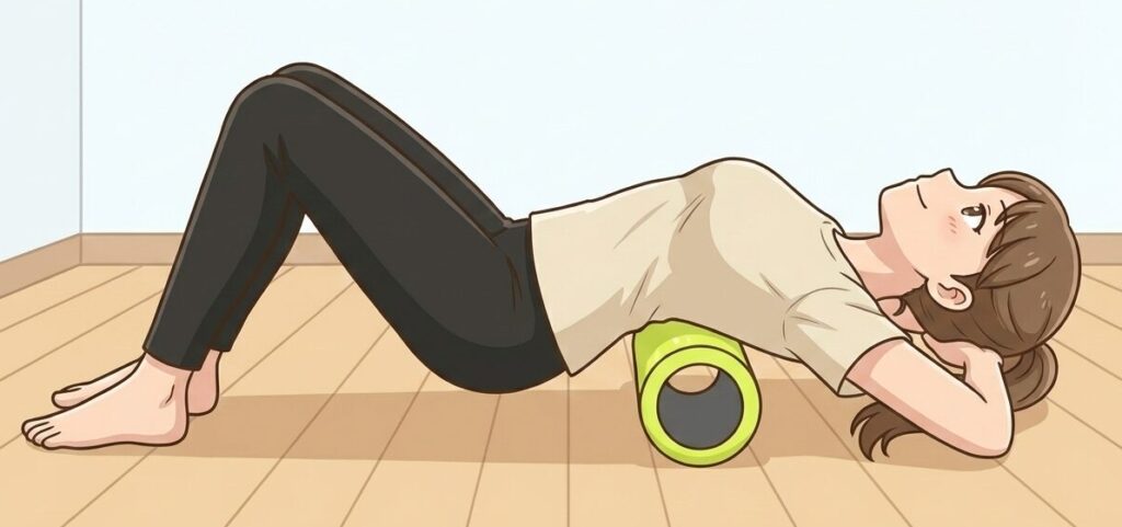 フォームローラーを背中の下に置き、仰向けになって胸椎を伸ばすストレッチをしている女性のイラスト