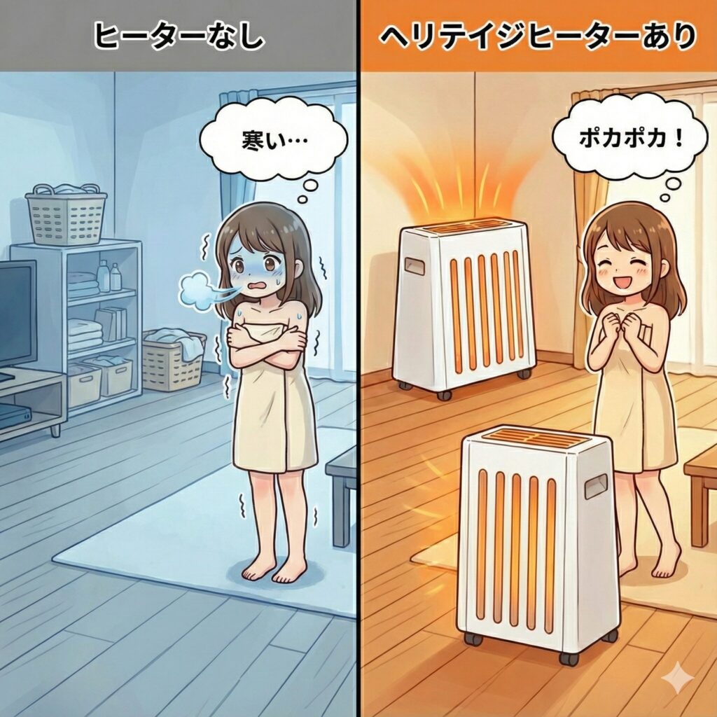 ヒーターがない脱衣所で寒そうに震える女性と、ヘリテイジヒーターがあってポカポカと暖かそうに笑顔を見せる女性の比較イラスト。
