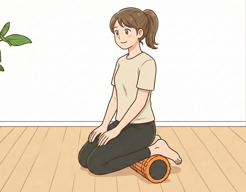 正座の姿勢でフォームローラーに足首を乗せ、足首をほぐしている女性のイラスト