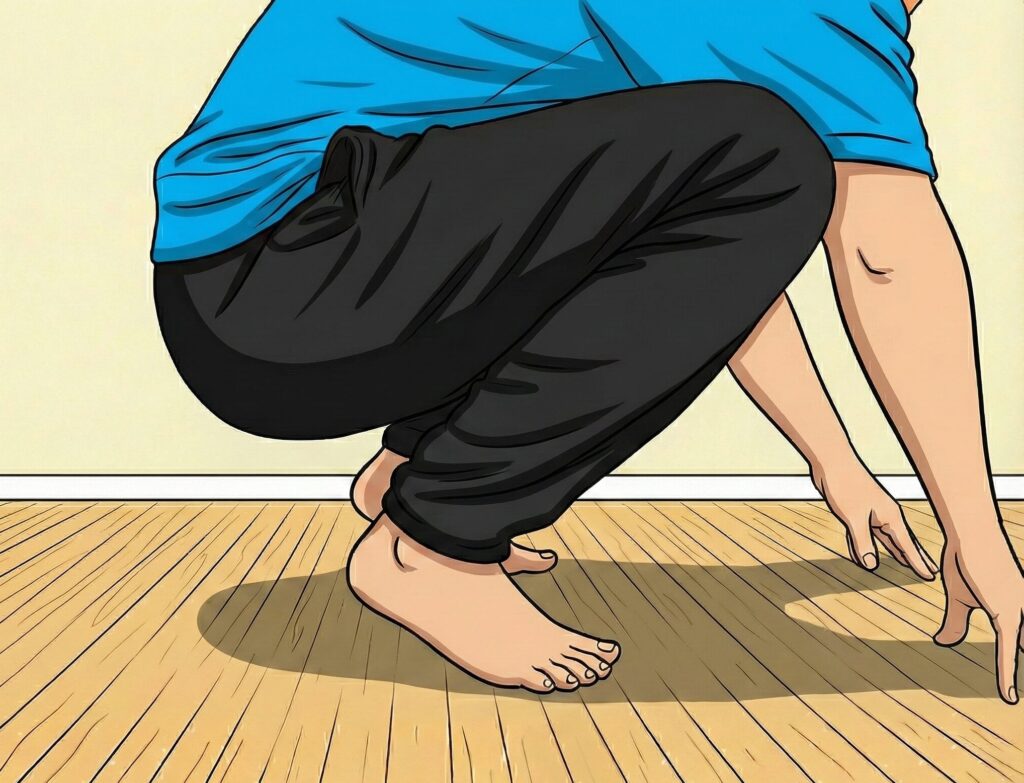 青いTシャツと黒いパンツを着た女性が、深くしゃがみ込み、踵を床に着けることができず、両手で床に触れてバランスをとっているストレッチのポーズ