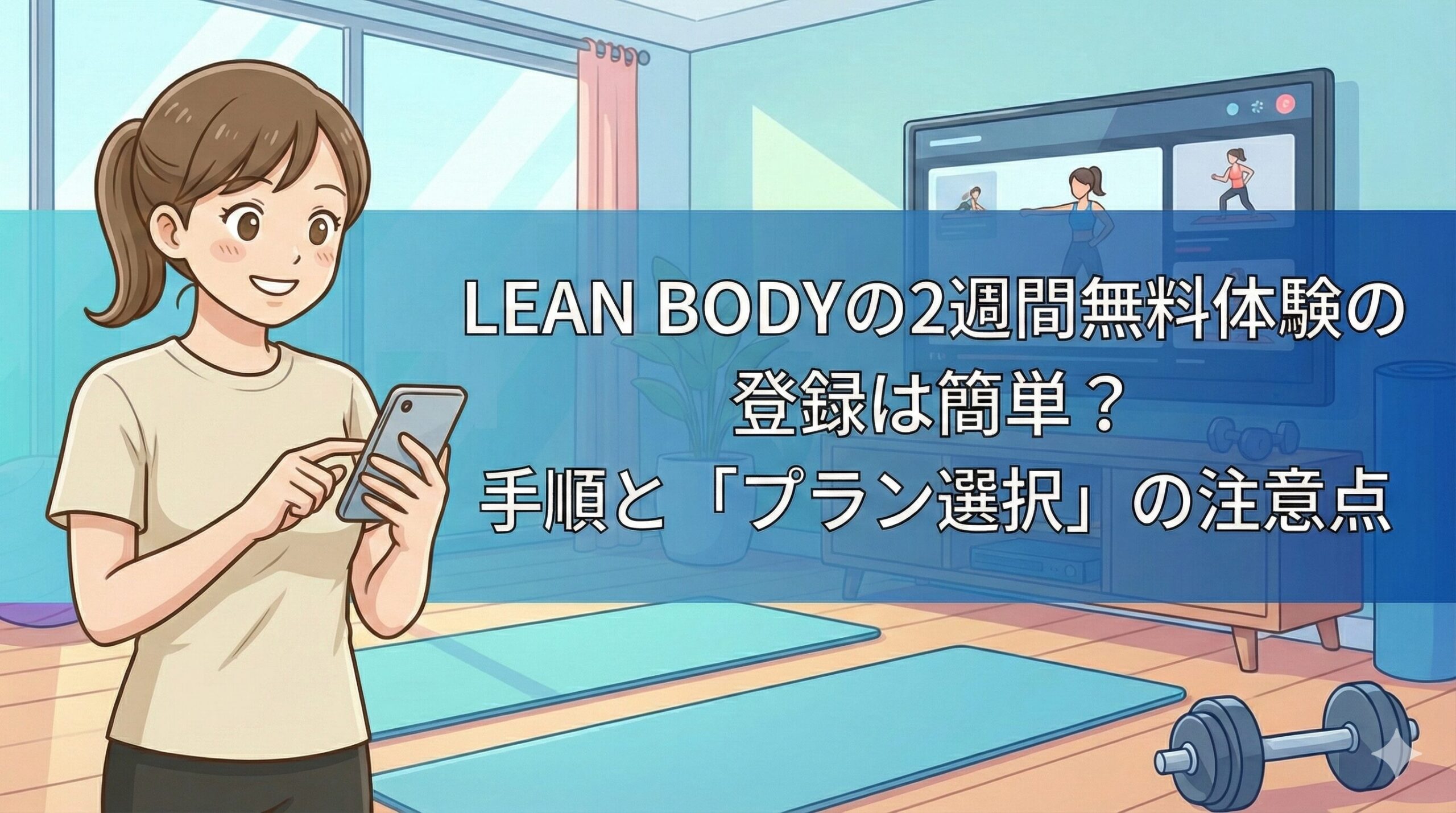 LEAN BODYの2週間無料体験の登録は簡単？手順と「プラン選択」の注意点。スマホで入会手続きをする女性のイラスト