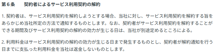 LEAN BODY 利用規約　第6条「契約者によるサービス利用契約の解約」の引用画像。解約や返金について記載されている。